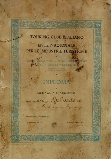 Tra le "chicche" del libro, il diploma, datato  dicembre 1928, che  l'allora Enit (Ente Nazionale per le Industrie Turistiche), in collaborazione con il Touring Club Italiano, assegn all'Albergo Belvedere nell'ambito del concorso per il miglioramento dei piccoli alberghi